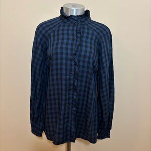 Cabi 3961 Aberdeen Plaid Blouse Ruffle Button Front Balloon Sleeve